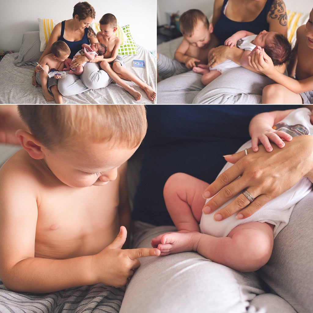 baltimore family snuggles new baby on bed during lifestyle photography session